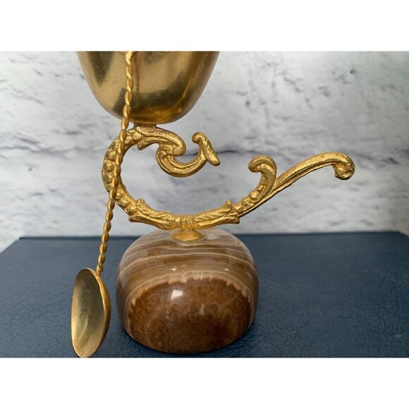 Marble Egg Gold-toned Stand Gold-Toned Spoon Matching Marble Stand Vtg - Picture 8 of 9